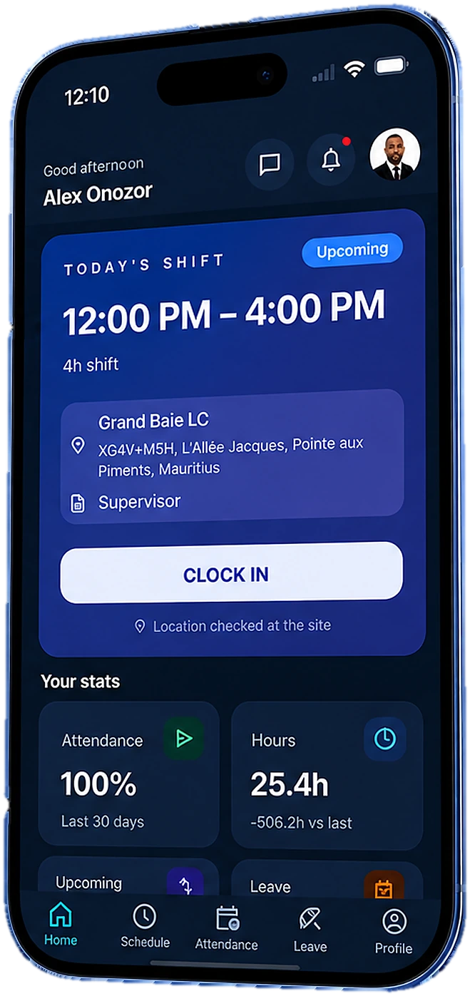 The TravailOS mobile app: today's shift, a clock-in button and attendance stats