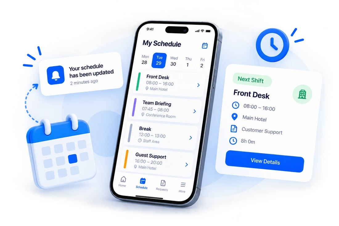 The mobile schedule showing the next shift and a notification that the schedule was updated