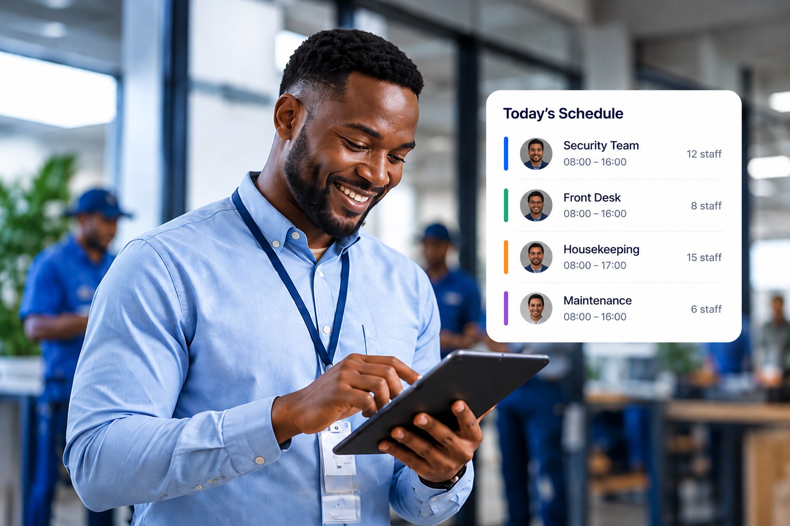 A supervisor checks today's schedule on a tablet, with the TravailOS schedule card showing teams and shift times